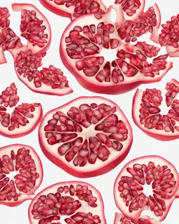 pomegranate slices are scattered on a white background