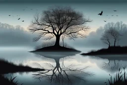 Illustration of a lonely dark tree with barren branches stands on a water's edge, reflected in the water, fog, crows on the sky, mystical landscape, sinister mood, line art