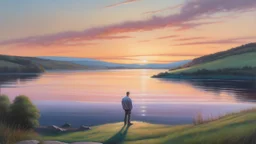 A hyper-realistic oil painting depicting a serene landscape with rolling hills and a crystal-clear lake reflecting the vibrant colors of the sunset, where a lone figure stands on the shore gazing into the distance