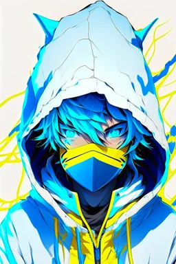 An anime boy who is devilish and wearing a white hoodie with streaks of bright blue and yellow colors, as well as an electronic and neon mask that only covers his mouth with bright yellow and blue colors on the front