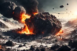 create a wildly imaginative otherworldly, chaotic destruction of mankind from a massive asteroid impact, highly detailed, digital composite, 8k,