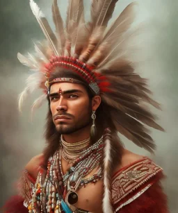 Guaicaipuro, native american god, 30 years old, Muscular warrior, red feathers headdress, shirtless, angry look