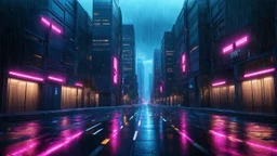 A futuristic city at dawn, tall skyscrapers with neon lights reflecting on wet streets, under a dark blue sky beginning to brighten, with light rain falling. 4k realistic, dark futuristic, neon style