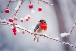 A beautiful colourful little bird catches a red berry with its beak while standing on a snowy branch in sunshine, ethereal, cinematic postprocessing, bokeh, dof