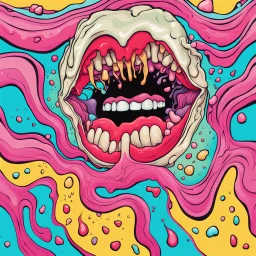 Surreal digital illustration of only a floating mouth that is puking out a psychedelic love spell, spilling from the large pair of cartoonist , overexaggerated lips, manga inspired, absurdist, postmodern, pastel color palette, fluid acrylic paint, epoxy resin , acrylic pour, unusual colors, trippy, gross, abstract, pulp fiction art style illustration, realvsx