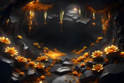 A dark cave completely filled with fluid black-citrine-gold crystals and flowers, 16k, HDR, High Quality, Trending On Artstation, Sharp Focus,Accurate lighting, Intricate Details, Highly Detailed,