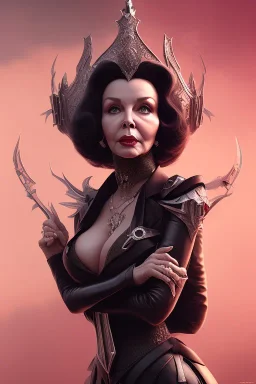 Joan Collins as evil queen in black leather, leather, busty, cleavage, angry, stern look. character design by cory loftis, fenghua zhong, ryohei hase, ismail inceoglu and ruan jia. unreal engine 5, artistic lighting, highly detailed, photorealistic, fantasy