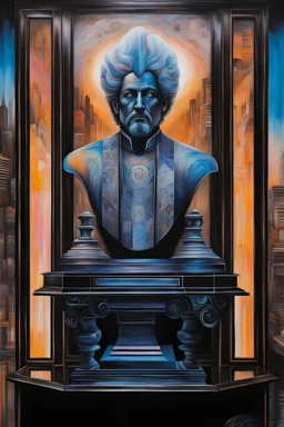 24x36 inch movie poster - double exposure - Oil paint, watercolor paint, acrylic paint, Sculpture, clay molding, wood burning, pencil and ink, glass burning, cotton candy making - in the art style of every artist that has ever lived - Tron Legacy sat perched upon a bust of Pallas just above my chamber door