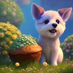 pixar style, volumetric summer garden environment and background, realistic painting of muffin, looking excited, volumetric lighting, dramatic lighting, detailed digital painting, extreme dense and fine fur, anime, ornate, colour-washed colors, elegant, small minutiae, tiny features, particulars, centered, smooth, sharp focus, renderman gofur render, 8k, uhd, detailed eyes, realistic shaded volumetric lighting, sunlight caustics, backlight, centered camera view