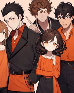 Anime manga style, Black boy with dark brown curly hair, wearing red and orange clothes and black jeans, always with one hand in his pocket, looking a little irritated
