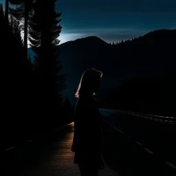 dark night, a woman silhouette on the side of the road,, mountains and forests next to the road, a sunrise in the distance, photo quality