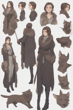 A dnd character sheet. A woman dressed for the cold north dressed in dark furs, with brown hair