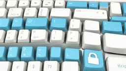 The image closely depicts a computer keyboard secured with a complex digital lock. The blue and white colors reflect the technological and security aspects of the subject. As an expression of digital protection and a focus on security in the era of digital communication, this image represents the balance between technology and personal safeguarding.