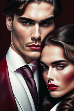 The cover features a stunning, hyper-realistic photograph with a sharp focus on the detailed attire of the mafia boss—a tailored suit exuding power and sophistication. Beside him stands the beautiful girl, her gradient lips and rosy cheeks captured in exquisite hyper-realism, their expressions evoking emotions of passion and depth. The white background accentuates the characters' striking appearances and the fine details of their outfits, creating an aesthetic contrast.