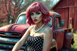 digital glossy airbrush realistic painting of a woman with fuscia pink wavy bob hair style with bangs, red lips, long lashes, wearing pearl jewelry, black and white polka dot dress, bare feet leaning on an old rusted Ford pickup truck, old rustic red barn in the background with redbud trees, with vibrant colors, glitter overlays, and bokeh effects, incorporating iridescent elements and a highly textured style to create an ethereal atmosphere.