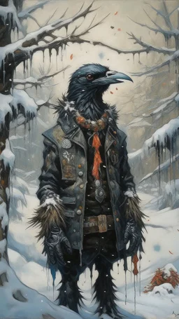 A painting by Miyazaki and Monet of a human-like crow adorned in a punk leather jacket within a snowy Christmas atmosphere.