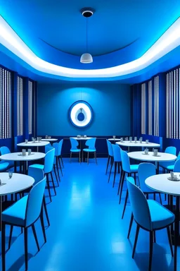 A restaurant with blue walls, a white floor, and an oval-shaped table in the middle of the restaurant with 30 chairs