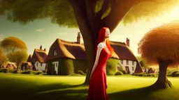 A photorealistic image of a red-haired, slender woman standing in a village green, surrounded by many thatched cottages, next to a large tree. Sunny day.