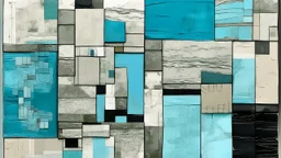 Crea una obra pictórica original con campo pictórico dividido en módulos; composición: fragmentos agrupados alrededor de una abertura; referente visual: muro encalado erosionado; paleta: azul cerúleo apagado, verde agua y negro; técnica: pasta arenosa con incisiones; textura: granular y arenosa; formas: bandas verticales fragmentadas; gesto: rasqueta vertical; espacio: interior oscuro con abertura luminosa; iluminación: luminosidad amarilla dominante; bordes: bordes de bajo contraste; ritmo: gru