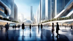 A visually striking, futuristic scene depicting the bustling heart of a 2080 metropolitan city center, with a dynamic blend of human activity and advanced architectural elements. The foreground should feature a diverse array of individuals - a mixture of pedestrians, commuters, and urban dwellers - engaged in various tasks and interactions within the city landscape. These people should be rendered with a high level of photorealism, showcasing the nuanced expressions, fashion, and body language