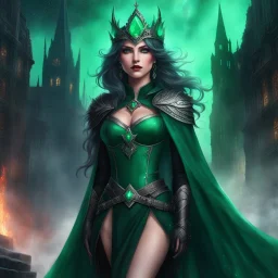 decadent intrigue and raw power. eyes flashing with emerald malice and seductive intent, gestures subtly, crowned in celestial iron, she stands with a determined expression, her gaze is distant, a distant, decaying city built upon a misty plateau, the stars that no longer speak, the crimson witch’s domain! a tangible sense of magical vengeance lurking beneath the surface.