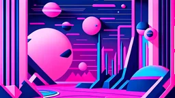 cartoon screen saver, futuristic but minimalistic with navy blue and pink