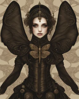 gothic, steampunk delicate metal woman, moth, wings, black background