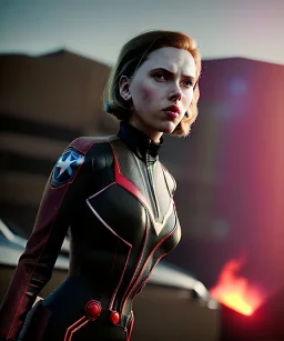 retro sci-fi portrait image from 1960, supermarket parking explosion, fire, classic black widow, young Scarlett Johansson, tight latex suit, superhero marvel, soft color, highly detailed, unreal engine 5, ray tracing, RTX, lumen lighting, ultra detail, volumetric lighting, 3d, finely drawn, high definition, high resolution.