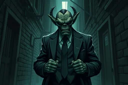 Orc mafia enforcer in a suit standing in a gloomy alleyway grimdark