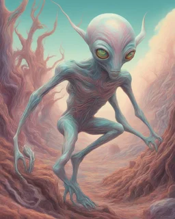 an ethereal and pastel alien creature, with shifting limbs and slender composition, is climbing through a strange wild landscape , highly polished, chrome airbrush style, dreamlike composition, color penciling color palette, surrealistic retro-futurism, rotoscoping, psychedelic aesthetic, metaphysical, highly detailed, arthur lismet, artstation, 1960s psychedelic drawing with art nouveau motifs, munch, vibrant, extra terrestrials art, vintage