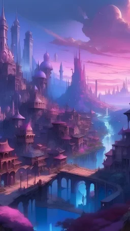 high fantasy lived in city a high fantasy vibe pinkish purple with a little blue