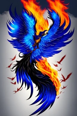 dark, blue phoenix, flaming wings, beautiful, smooth, flying, graceful