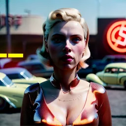 Ultra Realistic retro sci-fi afire Supermarket parking scene, 1960 year, blonde woman, sweet scarlet Johansson face, perfect iris, glow eyes, face makeup, tight latex coat; many panic people looking, Retro sci-fi style, soft color, highly detailed, unreal engine 5, ray tracing, RTX, lumen lighting, ultra detail, volumetric lighting, 3d, finely drawn, high definition, high resolution.