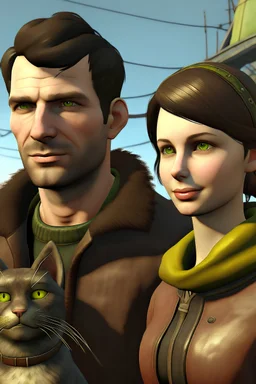 a girl with long straight dark brown hair and brown eyes, a boy with short blonde hair and amber eyes, a black cat and yellow eyes, in fallout 4