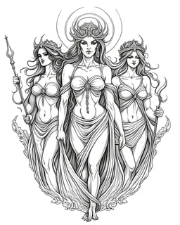 The Fates (Clotho, Lachesis, and Atropos).. realistis tatto sketch style, white background, profesional tatto sketch