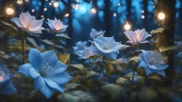 closeup Blue moonflowers growing in pastel colored rose forest, trees, flowers, fairy lights, night, 8k, high quality, trending art, trending on artstation, sharp focus, studio photo, intricate details, highly detailed, by greg rutkowski