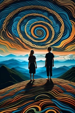 two girls standing on a mountain. The sky is full of spirals