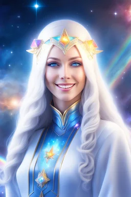 cosmic woman smile,galactic fédération, admiral from the future, one fine whole face, crystalline skin, expressive blue eyes,rainbow, smiling lips, very nice smile, costume pleiadian, Beautiful tall woman pleiadian Galactic commander, ship, perfect datailed golden galactic suit, high rank,rainbow hair, hand whit five perfect detailed finger, amazing big blue eyes, smilling mouth, high drfinition lips, cosmic happiness, bright colors, blue, pink, gold, jewels, realist, high,ufo,butterfly rainbow,