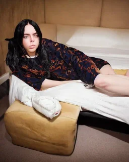 Billie Eilish, full body, on the bed, in my underwear, pale skin, high detail, realistic, 8k, not to be distinguished from a photo, identical pupils