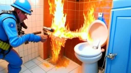 man sprays fire extinguisher all over toilet in the bathroom