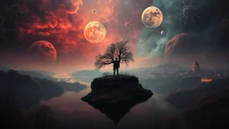 one alone human stands on deep dark colors little island. the island with alone human next close the beautyful four colors landscape . normal neurotipical lifes contrast the weird inner world with neurodivergens soul and mind,, Whimsical strange style of Chagall, of Bosch of giger and Anton Semenov. weird absurd beauty nightmare, in background neuronic network and landscape with cites and with many little humans on eart, Whimsical surreal vibe, cinematic
