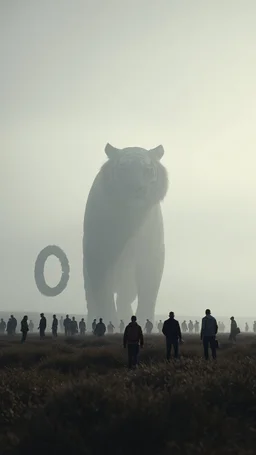 A field of random people at the end of the picture gray background an giant shadow tiger standing object in a cinematic, 8k
