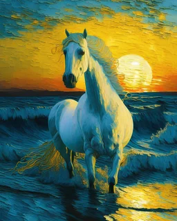 a white horse in sea, sunset, Van Gogh