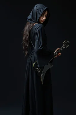 pretty goth girl(dressed in black flowing robes) facing viewer, playing scythe styled guitar, leaning back, dark background, photo realism