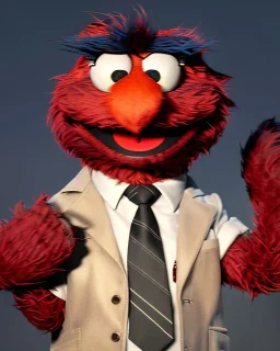 hybrid character, Elmo muppet head, realistic man body, human arms and hands, Shirt and tie, concept art, smooth, unreal engine 5, god lights, ray tracing, RTX, lumen lighting, ultra detail, volumetric lighting, 3d, finely drawn, high definition, 4k.