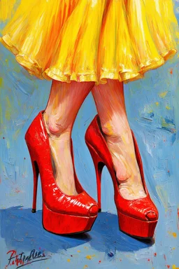 stippled red stilettos dancing in staccato; in the style of Van Gogh; Neo-surrealism; Lowbrow