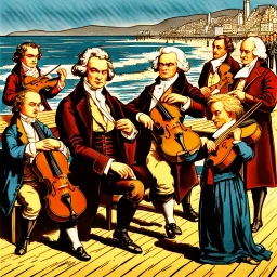 Ludwig van Beethoven, Johannes Brahms, Wolfgang Amadeus Mozart, Antonin Dubzek and Johann Sebastian Bach stand on the boardwalk on the beach in San Francisco and play violins in front of children, men and women who sit on the floor and listen to them,