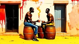 minimalist acrylic impasto painting of two skinny tall black Somali neighbors sitting on rusty oil barrels drinking steaming coffee, wide angle, dusty heat, tribal vibe, amazing verticals, great parallels, warm shades of yellow, orange, green and black with sparse deep red leaks, afrofuturism, rusty village decay, arafed doors