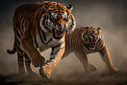 A captivating image of a attacking angry Siberian Tiger, poised on a vast field with a stark contrast between light and dark, conveys a powerful sense of tension. In this expertly captured photograph, the predatory animal stands tall, its muscular frame oozing strength and dominance. The sharpness of every detail accentuates the creature's primal aura, from its razor-sharp teeth and piercing eyes to its sleek, glossy fur. This mesmerizing image, with its impeccable composition