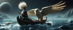 a fluffy quickling egyptian bald hat looks like the opposite of a vampire in bunad leaning on statue of twister interdimensional sci fi boat with oars that looks like wings gliding through space waters under the biggest owl